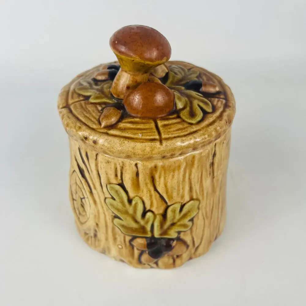 Lefton Mushroom Forest Ceramic Sugar Bowl Jar 3D Stump Design Acorns